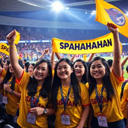 A group of enthusiastic girl fans of Spahan football club, passionately cheering in a stadium