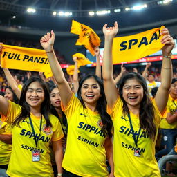 A group of enthusiastic girl fans of Spahan football club, passionately cheering in a stadium