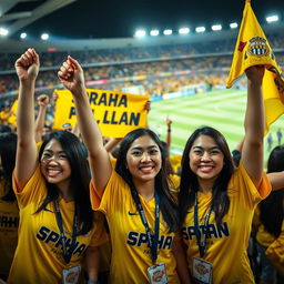 A group of enthusiastic girl fans of Spahan football club, passionately cheering in a stadium