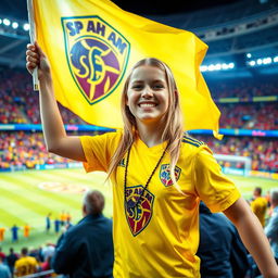 A cheerful blonde girl fan of Spahan football club, wearing a bright yellow jersey with the team's logo, is standing in a vibrant stadium