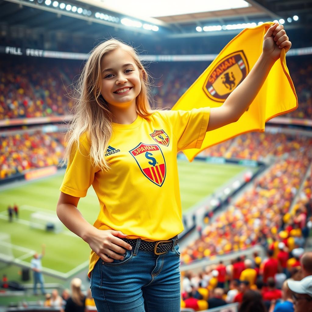 A cheerful blonde girl fan of Spahan football club, wearing a bright yellow jersey with the team's logo, is standing in a vibrant stadium