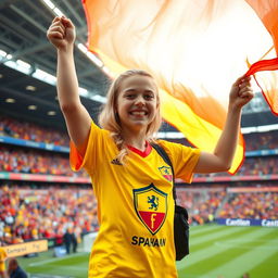 A cheerful blonde girl fan of Spahan football club, wearing a bright yellow jersey with the team's logo, is standing in a vibrant stadium