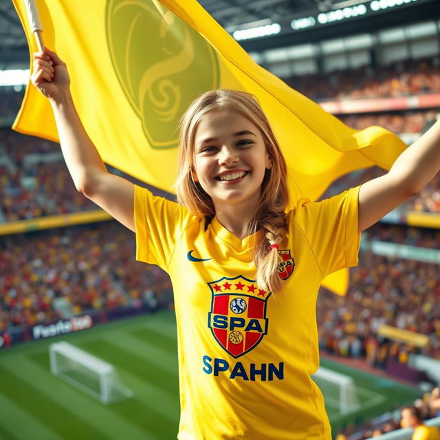 A cheerful blonde girl fan of Spahan football club, wearing a bright yellow jersey with the team's logo, is standing in a vibrant stadium