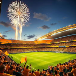 A vibrant image of a stadium illuminated in bright yellow lights, exuding energy and excitement