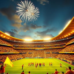 A vibrant image of a stadium illuminated in bright yellow lights, exuding energy and excitement
