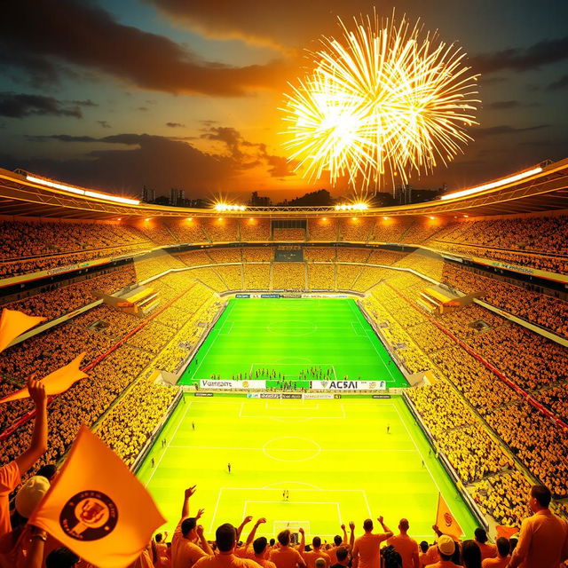 A vibrant image of a stadium illuminated in bright yellow lights, exuding energy and excitement