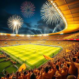 A vibrant image of a stadium illuminated in bright yellow lights, exuding energy and excitement