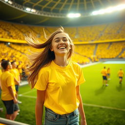 A lively scene featuring one girl in a bright yellow t-shirt, standing in the middle of a stadium bathed in yellow light