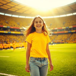 A lively scene featuring one girl in a bright yellow t-shirt, standing in the middle of a stadium bathed in yellow light