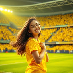A lively scene featuring one girl in a bright yellow t-shirt, standing in the middle of a stadium bathed in yellow light