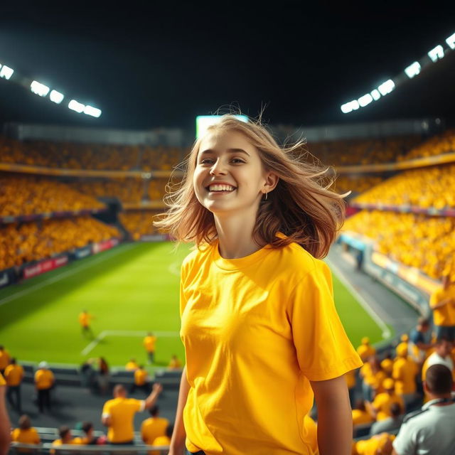 A lively scene featuring one girl in a bright yellow t-shirt, standing in the middle of a stadium bathed in yellow light