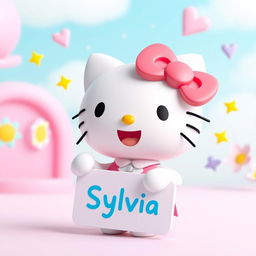 A 3D model of Hello Kitty, joyfully holding a sign with the name 'Sylvia' on it