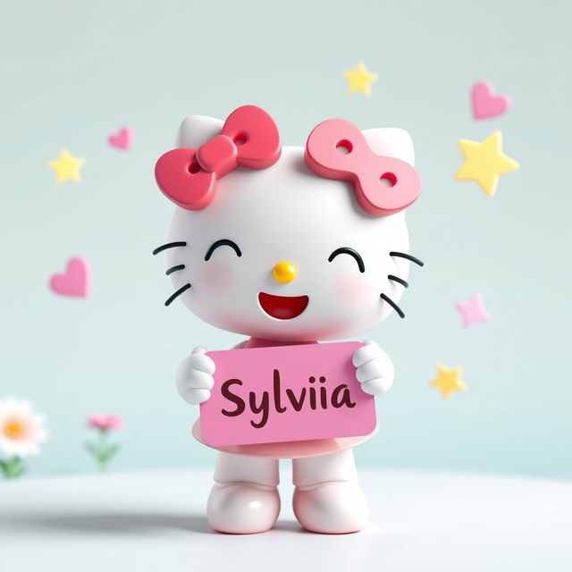 A 3D model of Hello Kitty, joyfully holding a sign with the name 'Sylvia' on it