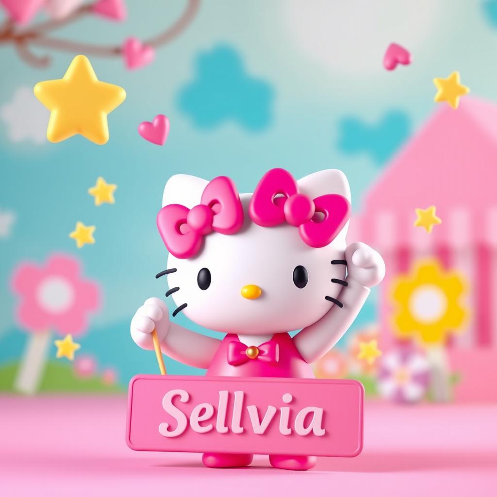 A 3D model of Hello Kitty, joyfully holding a sign with the name 'Sylvia' on it