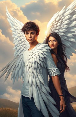 A young man with majestic white wings extending from his back stands confidently, exuding a sense of strength and serenity