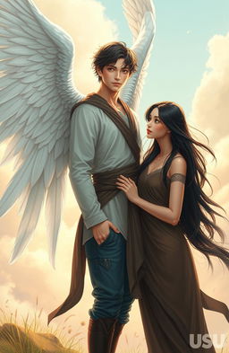 A young man with majestic white wings extending from his back stands confidently, exuding a sense of strength and serenity
