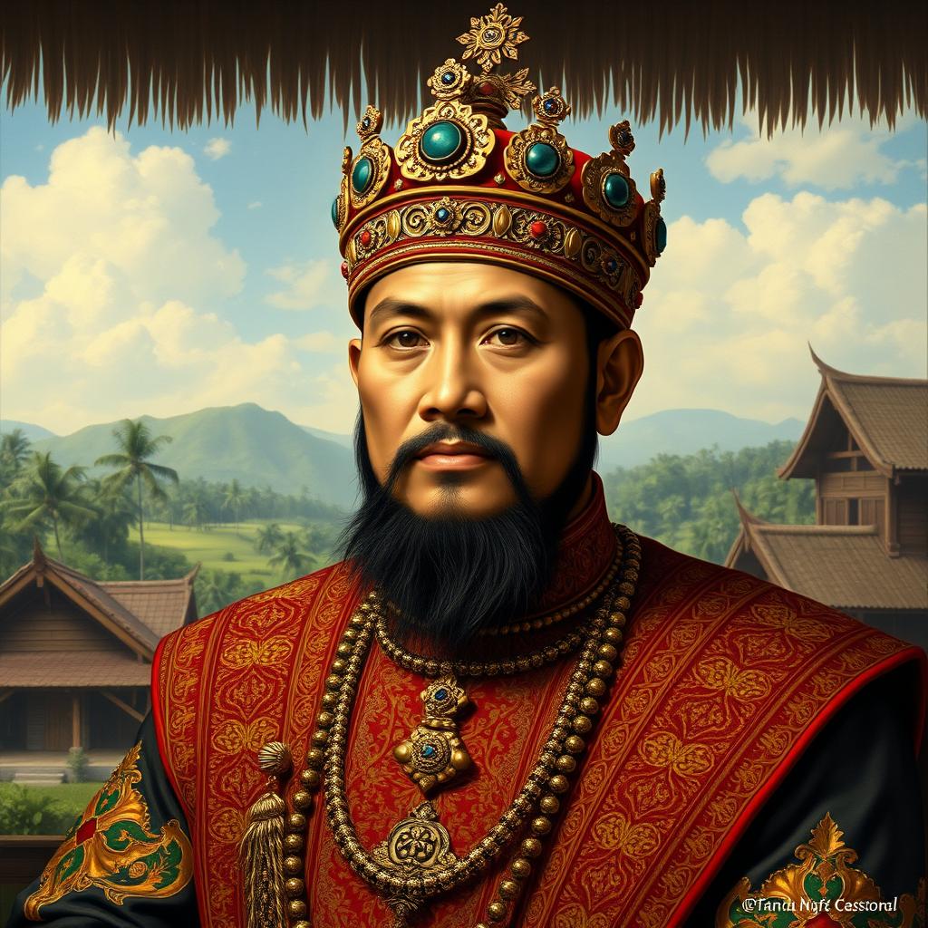 A historical portrait of Sultan Hasanuddin of Makassar, depicted wearing intricate royal attire with rich colors and elaborate patterns, featuring a traditional crown adorned with jewels