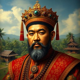 A historical portrait of Sultan Hasanuddin of Makassar, depicted wearing intricate royal attire with rich colors and elaborate patterns, featuring a traditional crown adorned with jewels