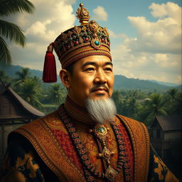 A historical portrait of Sultan Hasanuddin of Makassar, depicted wearing intricate royal attire with rich colors and elaborate patterns, featuring a traditional crown adorned with jewels