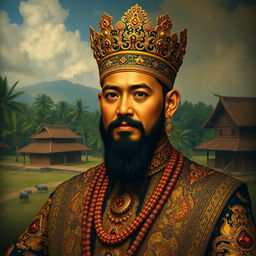 A historical portrait of Sultan Hasanuddin of Makassar, depicted wearing intricate royal attire with rich colors and elaborate patterns, featuring a traditional crown adorned with jewels