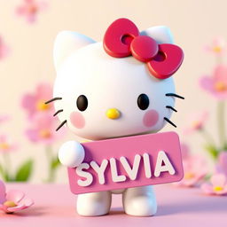 A 3D model of Hello Kitty, smiling and playfully holding a colorful sign with the name 'SYLVIA' on it
