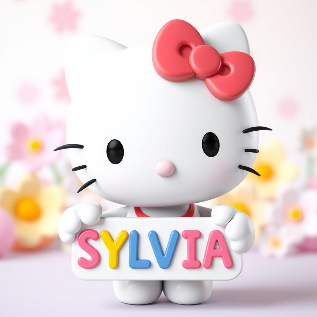 A 3D model of Hello Kitty, smiling and playfully holding a colorful sign with the name 'SYLVIA' on it