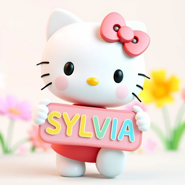 A 3D model of Hello Kitty, smiling and playfully holding a colorful sign with the name 'SYLVIA' on it