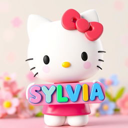 A 3D model of Hello Kitty, smiling and playfully holding a colorful sign with the name 'SYLVIA' on it
