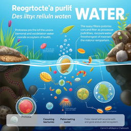 An educational illustration depicting the role of protozoa in the natural purification of water