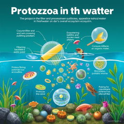 An educational illustration depicting the role of protozoa in the natural purification of water
