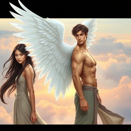 A young man with stunning white wings majestically spread from his back, standing confidently