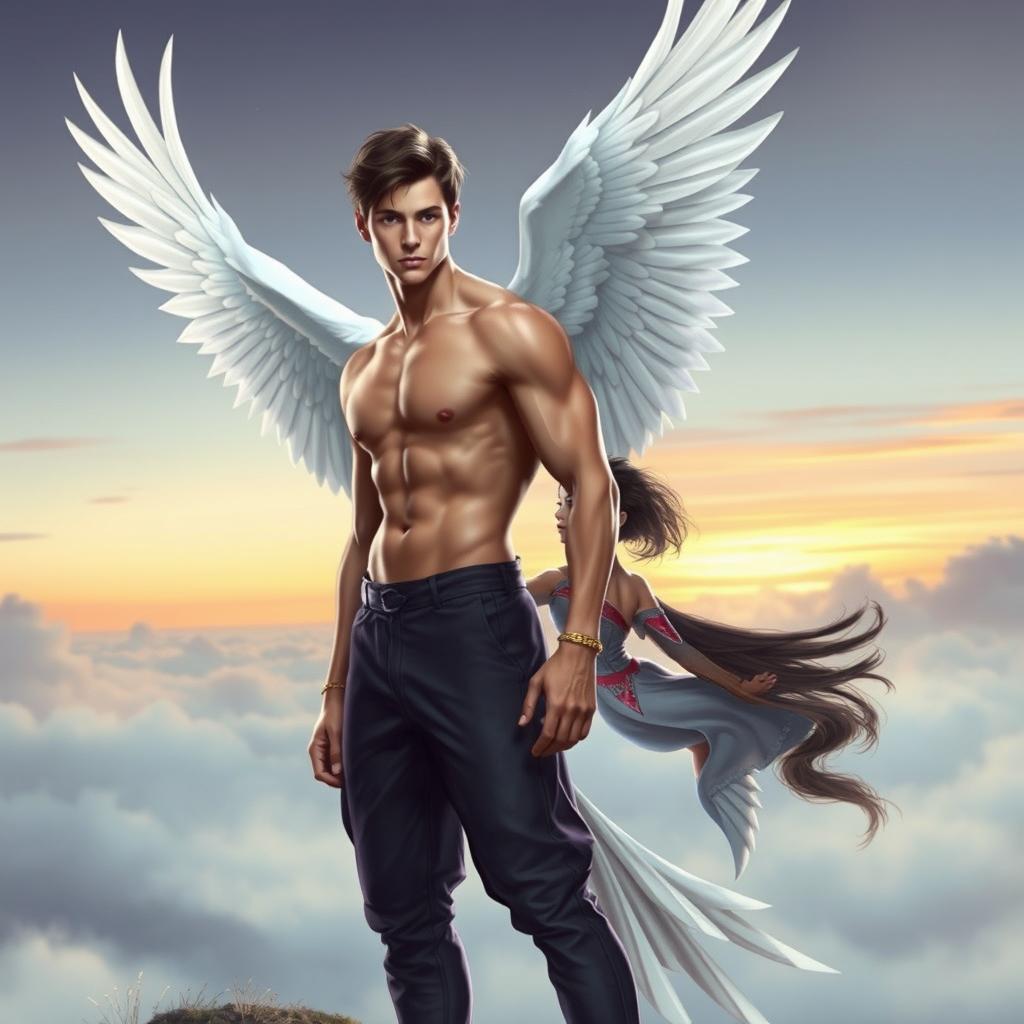 A young man with stunning white wings majestically spread from his back, standing confidently