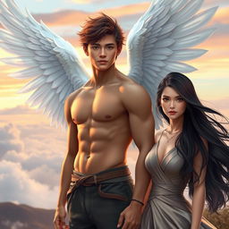 A young man with stunning white wings majestically spread from his back, standing confidently