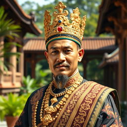 A majestic and regal portrait of Sultan Hasanuddin, the 17th century king of Gowa, known for his strong leadership and resistance against colonial powers