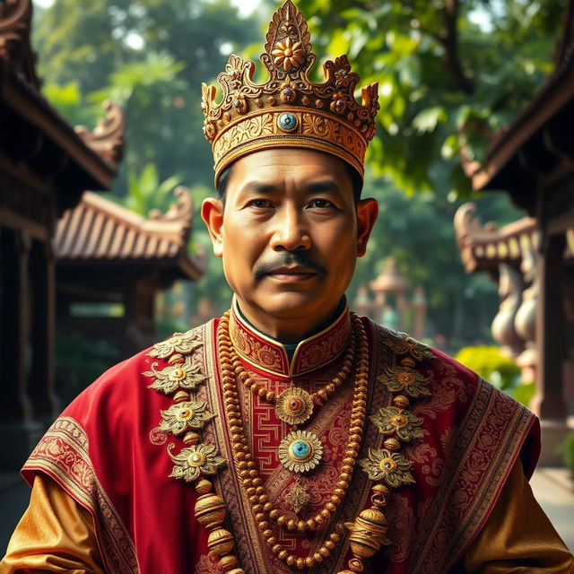 A majestic and regal portrait of Sultan Hasanuddin, the 17th century king of Gowa, known for his strong leadership and resistance against colonial powers