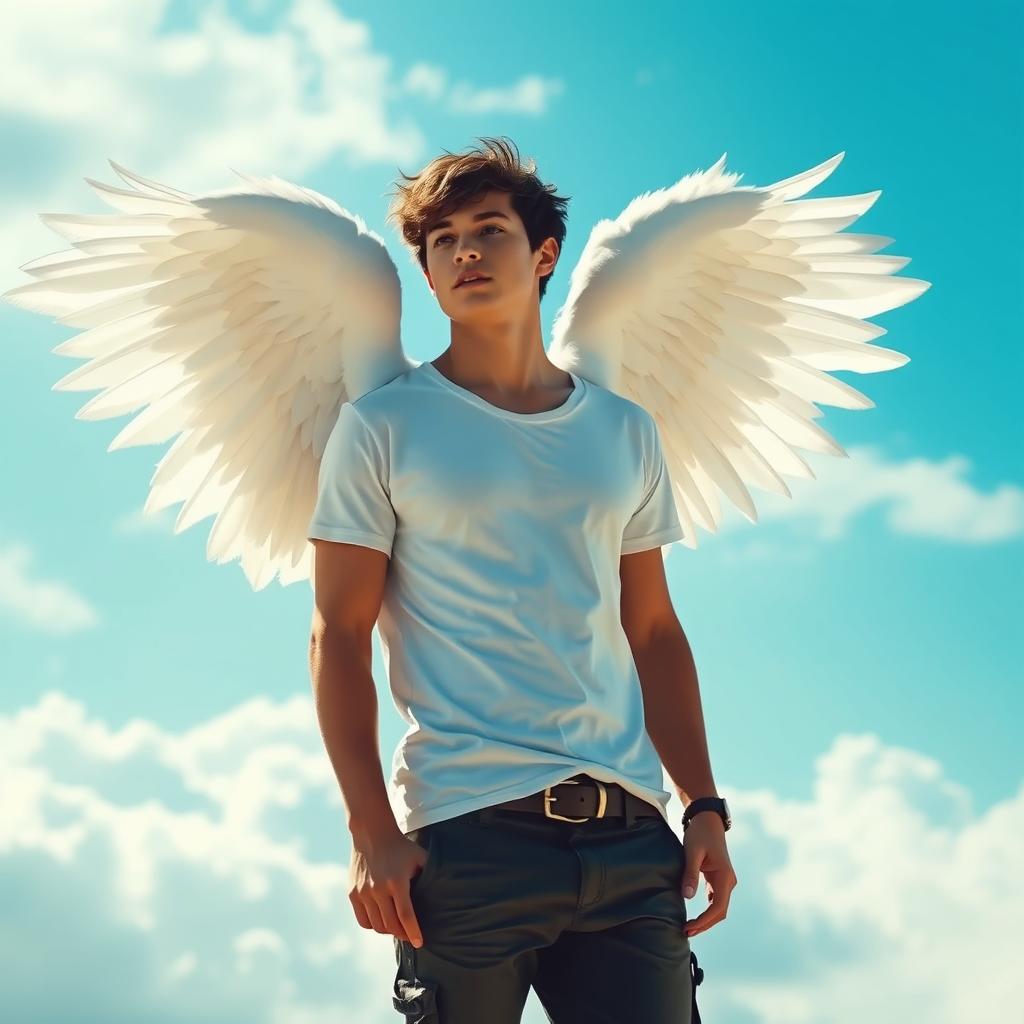 A young man with majestic white wings gracefully extending from his back, standing in an ethereal landscape filled with soft clouds and a gentle blue sky