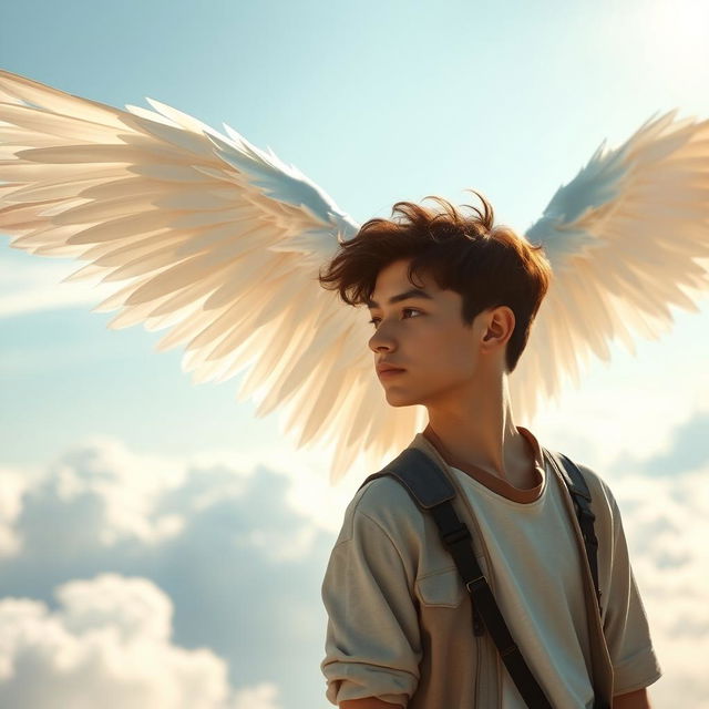 A young man with majestic white wings gracefully extending from his back, standing in an ethereal landscape filled with soft clouds and a gentle blue sky