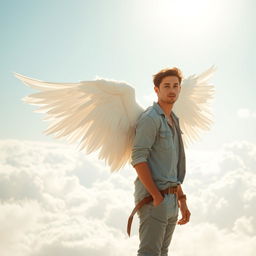 A young man with majestic white wings gracefully extending from his back, standing in an ethereal landscape filled with soft clouds and a gentle blue sky