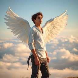 A young man with majestic white wings gracefully extending from his back, standing in an ethereal landscape filled with soft clouds and a gentle blue sky