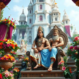 An ultra HD, bright and clear image of a magnetic towering palace made of white stones, richly adorned with lush plants and colorful flowers
