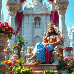 An ultra HD, bright and clear image of a magnetic towering palace made of white stones, richly adorned with lush plants and colorful flowers