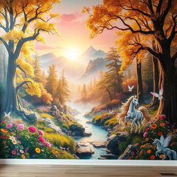 A stunning fantasy mural depicting an ethereal forest landscape, shimmering with magical light
