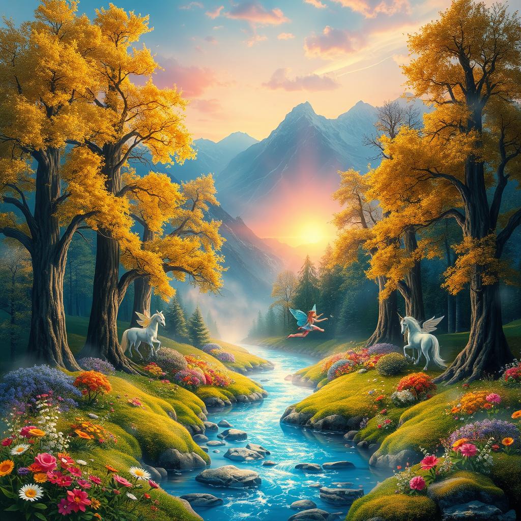 A stunning fantasy mural depicting an ethereal forest landscape, shimmering with magical light