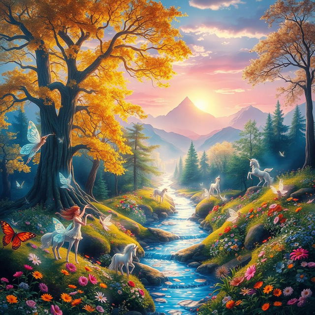 A stunning fantasy mural depicting an ethereal forest landscape, shimmering with magical light