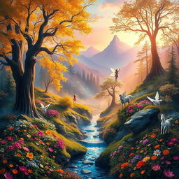 A stunning fantasy mural depicting an ethereal forest landscape, shimmering with magical light