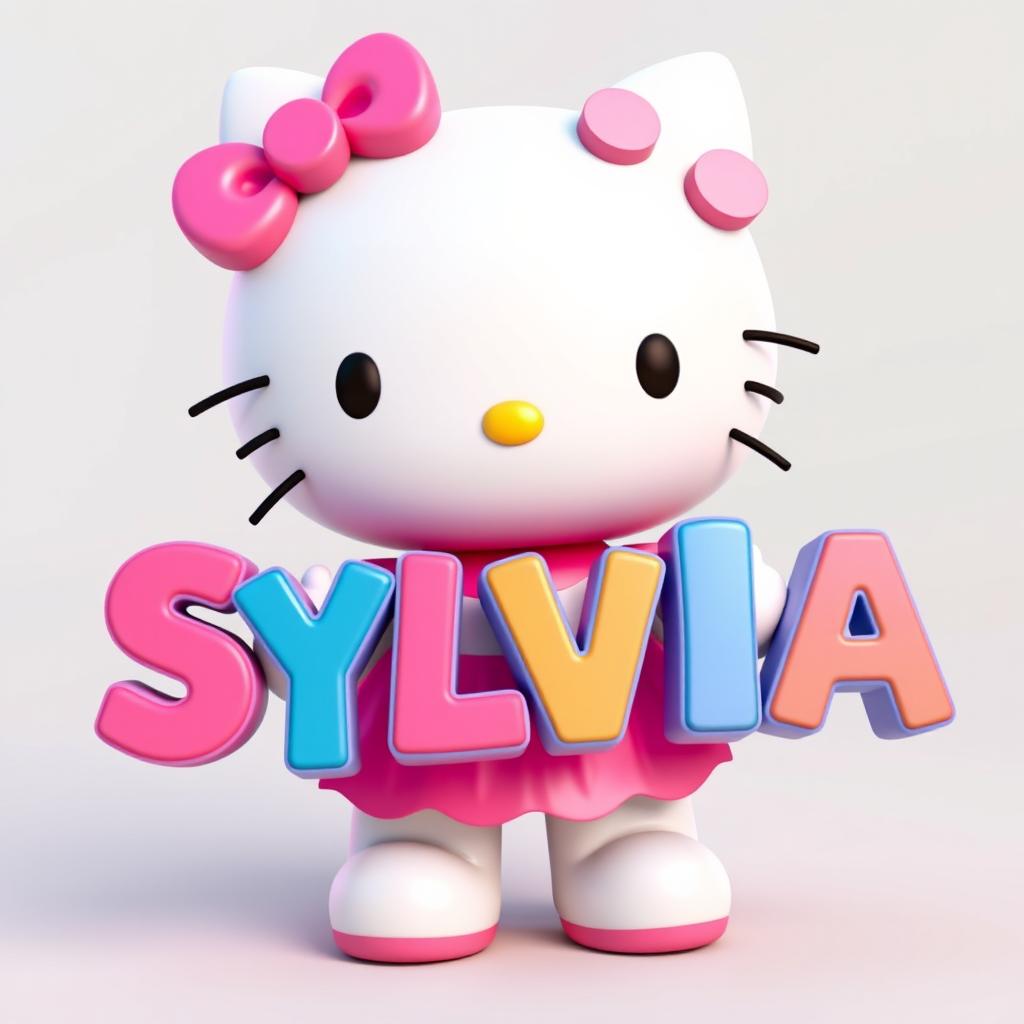 A colorful 3D Hello Kitty character, joyfully holding the name 'SYLVIA' in large, playful letters