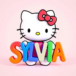 A colorful 3D Hello Kitty character, joyfully holding the name 'SYLVIA' in large, playful letters