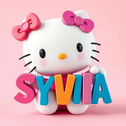 A colorful 3D Hello Kitty character, joyfully holding the name 'SYLVIA' in large, playful letters