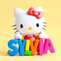 A colorful 3D Hello Kitty character, joyfully holding the name 'SYLVIA' in large, playful letters
