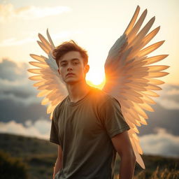 A young man with striking white wings protruding from his back, standing in a serene landscape